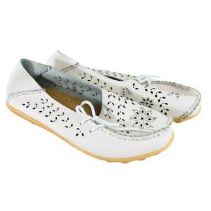 Womens Loafers Flats Leather Laser Cut Floral Slip On Laces White Size 36 US 6